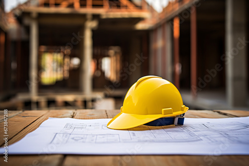 Yellow hard hat safty helmet and blueprint on a desk at construction site, engineering and construction industry concept.