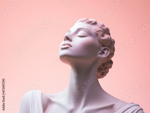 Statue of elegant Woman in profile from sculptural plasticine or clay. Gypsum head Sculpture of a female ballerina with pink pastel background. Modern trendy aesthetic y2k style.