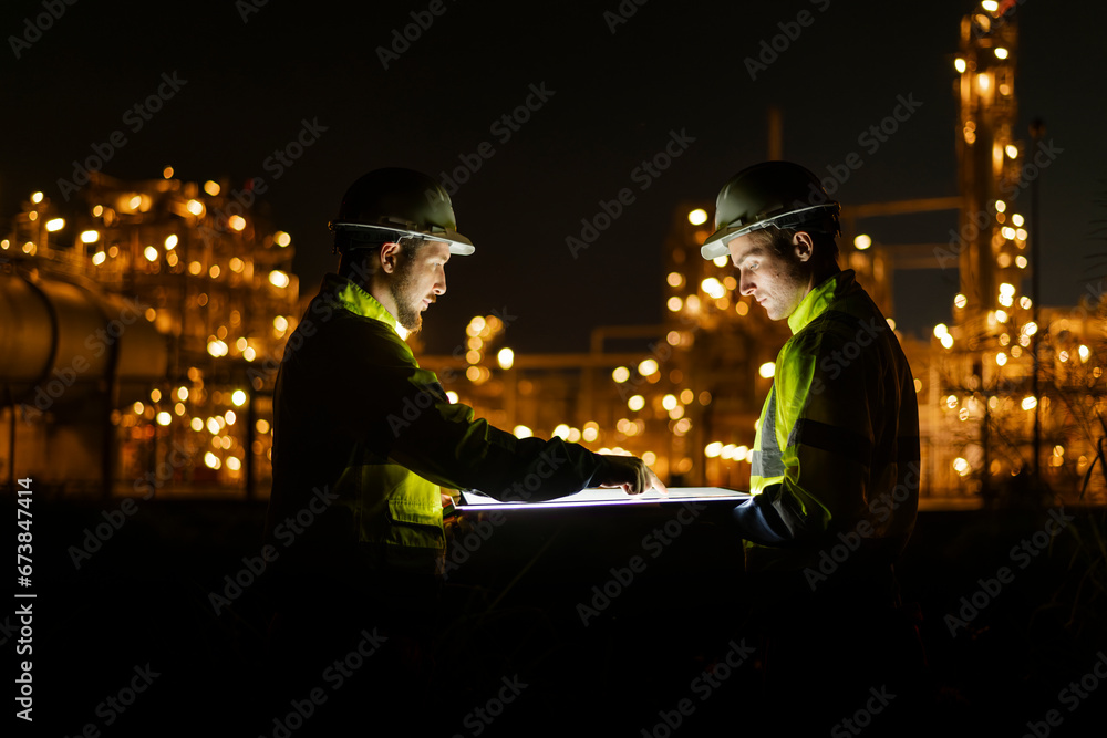 Engineer survey team wear uniform and helmet stand workplace checking blueprint project and radio communication inspection work construction site  with night lights oil refinery background.