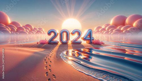 2024 happy new year fun and colorful 3d render style background, sunset and sand beach photo