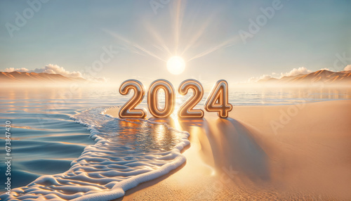 2024 happy new year fun and colorful 3d render style background, sunset and sand beach photo