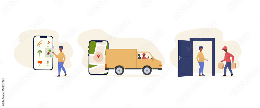 Set of online orders and delivery. The set is great for social media posts, cards, brochures, flyers, and advertising poster templates. Vector illustration. Set of online orders and delivery. The set is great for social media posts, cards, brochures, flyers, and advertising poster templates. Vector illustration.
