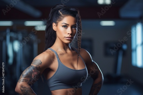 African American young woman with tattoos on her hands showing her biceps at the gym © Salsabila Ariadina