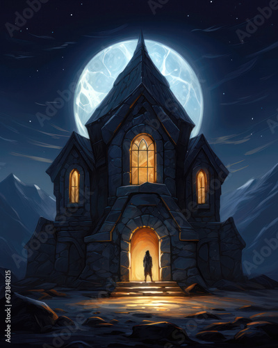 Fantasy illustration of a stone church at night with full moon in the sky