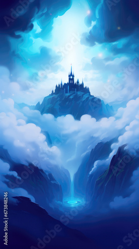Magic castle in the clouds. Fantasy landscape