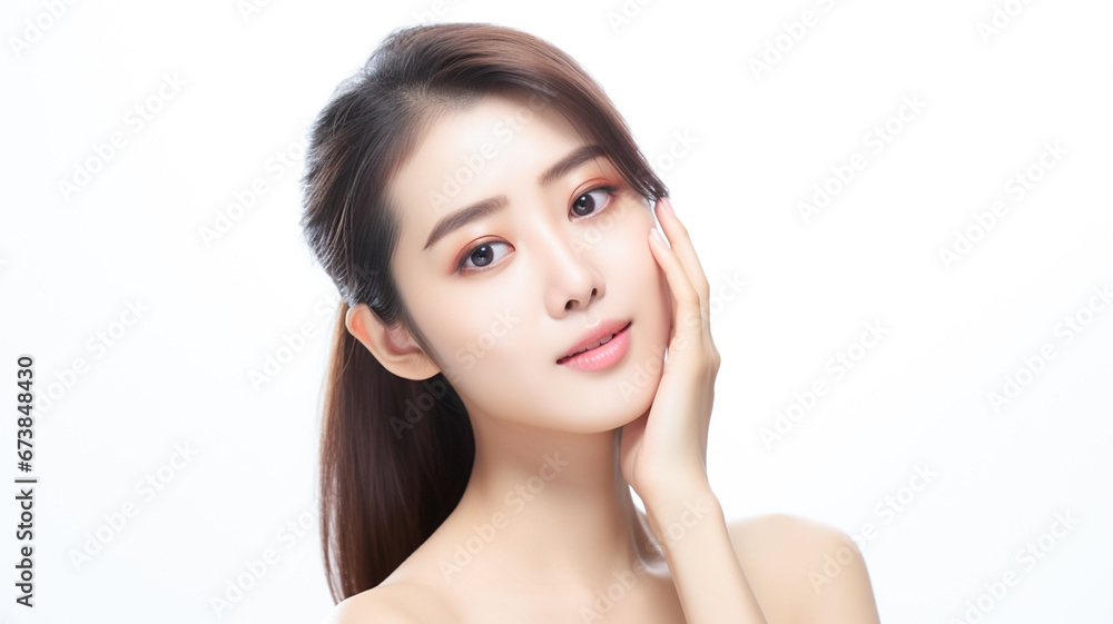 Beautiful young asian woman with perfect skin touching her face. Facial treatment. Cosmetology, beauty and spa concept.
Beautiful young asian woman with perfect skin touching her face. Facial treatment. Cosmetology, beauty and spa concept.