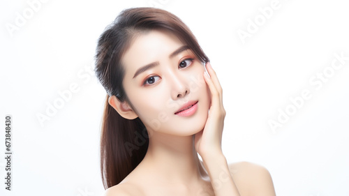 Beautiful young asian woman with perfect skin touching her face. Facial treatment. Cosmetology, beauty and spa concept. 