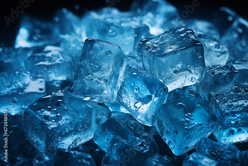Sharp ice cubes in blue tones detailed shot