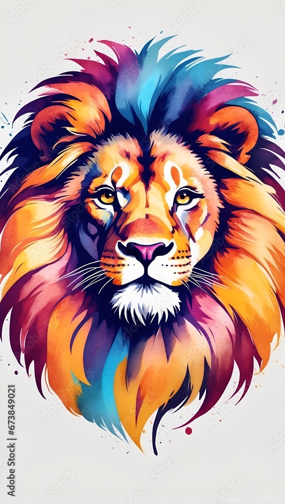 Colorful watercolor cute Lion head illustration on a white background