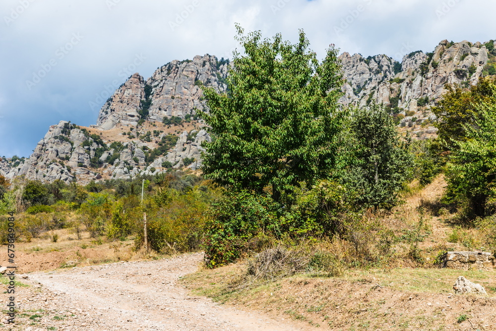 Mysterious mountain landscape of the Valley of Ghosts on the western slope of Mount Demerdzhi in Crimea. Popular tourism and trekking destination