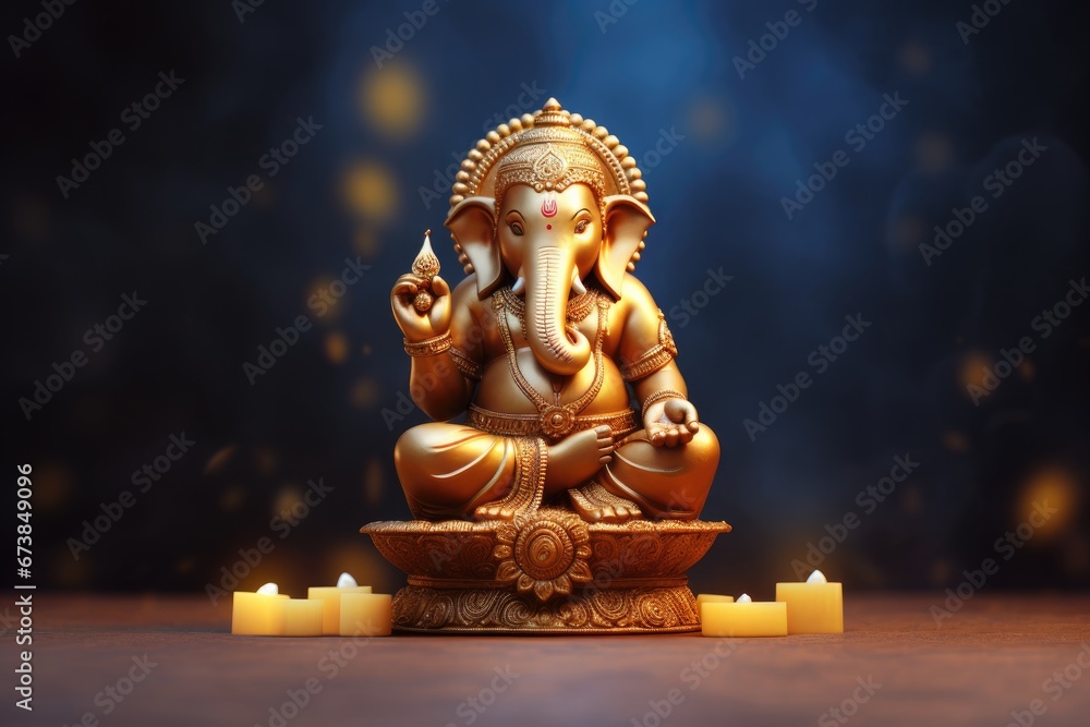 Golden hindu lord Ganesha sculpture on dark blue background. Indian god. Banner, poster, card for ganesha festival. Ganpati Bappa festival Ganesh Chaturthi Golden hindu lord Ganesha sculpture on dark blue background. Indian god. Banner, poster, card for ganesha festival. Ganpati Bappa festival Ganesh Chaturthi