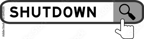 Search banner in word shutdown with hand over magnifier icon on white background