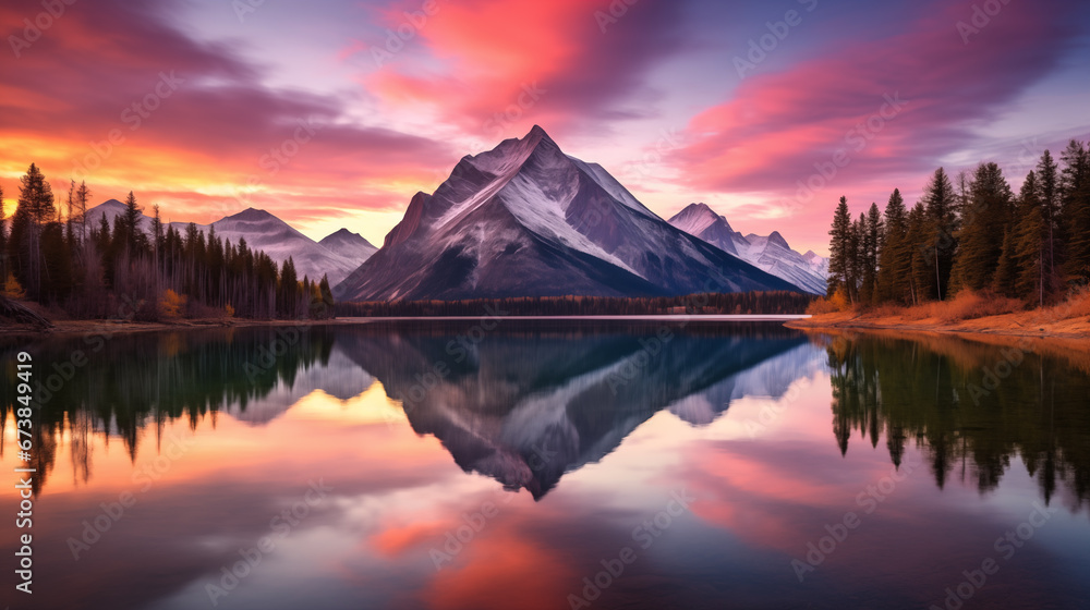breathtaking beauty of a serene mountain lake reflecting the surrounding peaks at sunrise