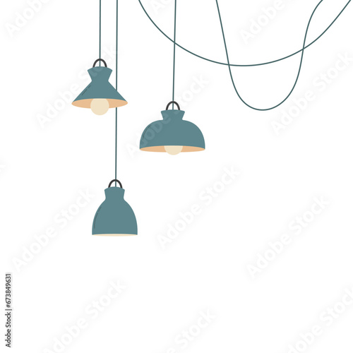 Blue-colored hanging pendant lamps in Scandinavian style.  It is a  flat cartoon illustration.