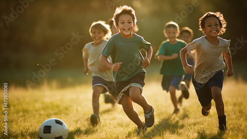 Children Playing Soccer on a Green Field Under Sunlight with Friends - Fun Outdoor Game
