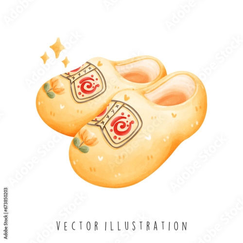 Holland symbol landmarks with yellow wooden clogs in watercolor style. Vector illustration