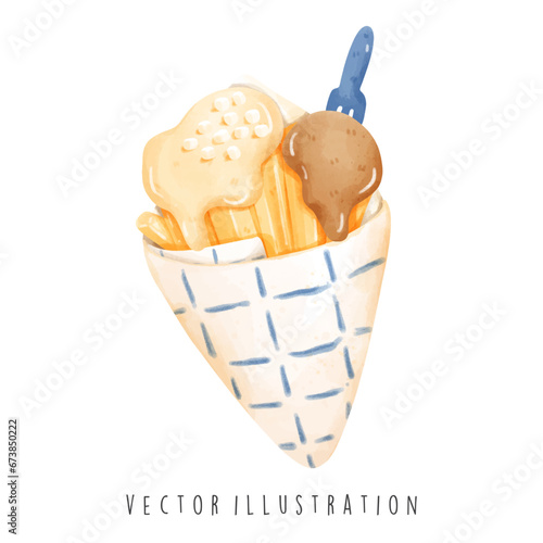 Holland symbol landmarks with holland fries in watercolor style. Vector illustration