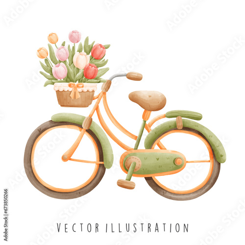 Holland symbol landmarks bicycle with tulip  in watercolor style. Vector illustration