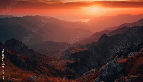 Majestic mountain range, back lit by sunset generated by AI