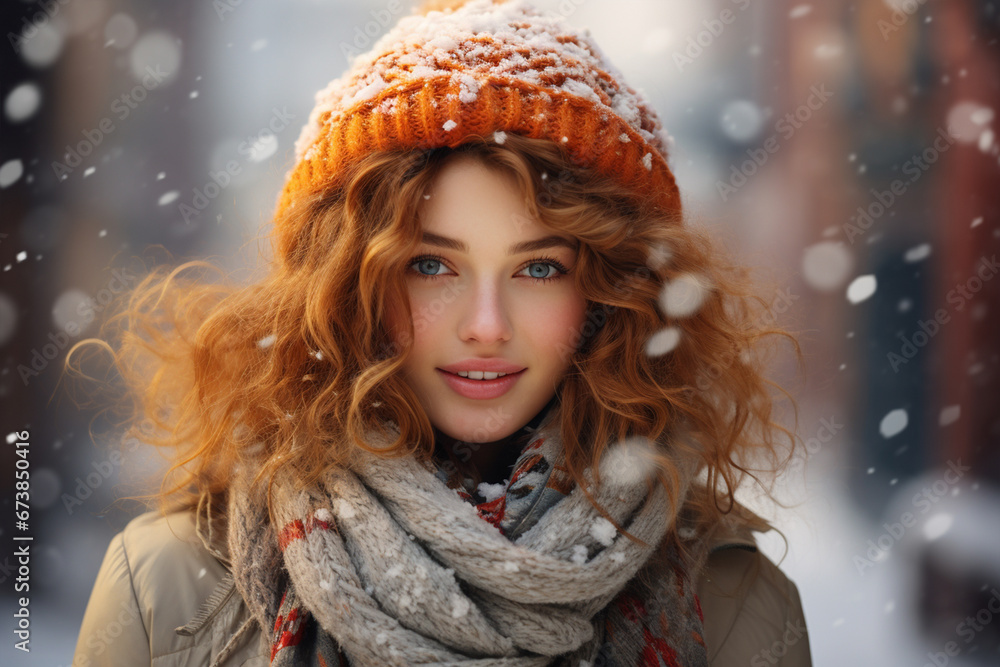 Young Happy Woman Wearing Wooly Winter Hat While Walking During Sunny Snowy Day. Young Happy Woman Wearing Wooly Winter Hat While Walking During Sunny Snowy Day.