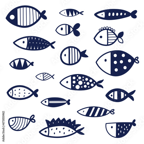 Blue fish. Set. Cute illustration.