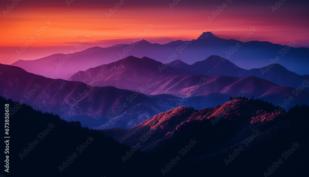 Majestic mountain peak silhouetted at dusk sunset generated by AI
