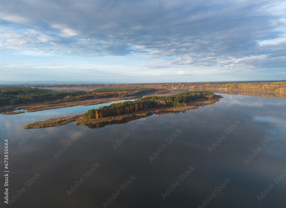 Shot of a small peninsula sticking out into the river Nemunas in Kaunas, Lithuania