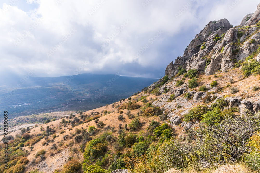 Mysterious mountain landscape of the Valley of Ghosts on the western slope of Mount Demerdzhi in Crimea. Popular tourism and trekking destination