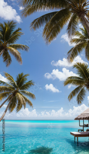 Tropisches Strandbild unter Palmen mit Unterk  nfte im Meer . KI Generated