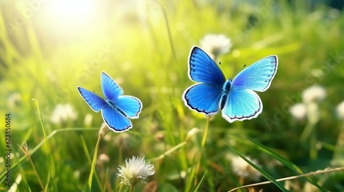 Two blue butterflies Polymaths Icarus in nature outdoors. Butterflies on a spring summer meadow in sunlight in lush grass, macro.  photo