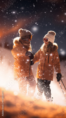 two girls at night on the ski slope. warm colors. Winter concept