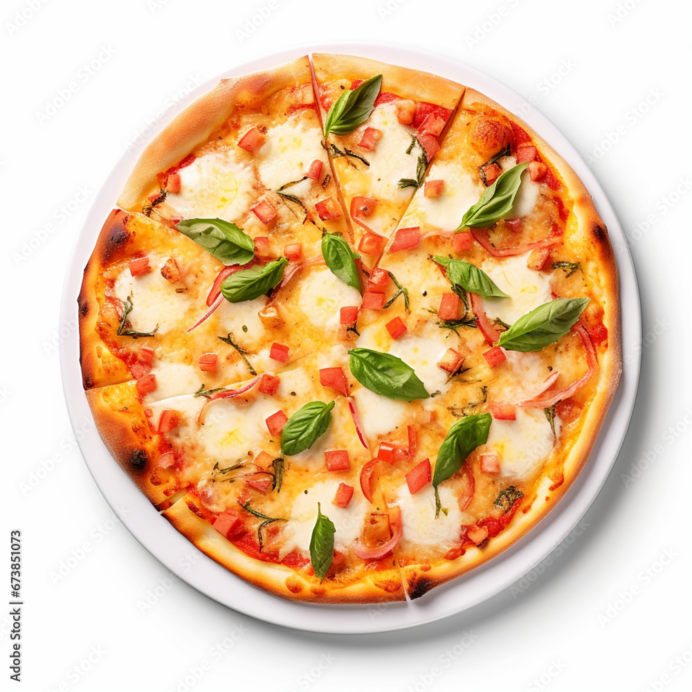 Delicious tomato pizza on a plate top view on isolated white background - ai generative