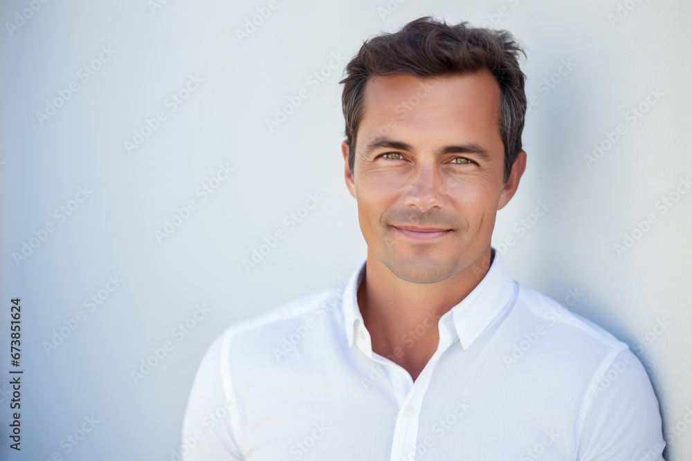 Smiling clean shaven man in white shirt isolated against a white wall. Smiling clean shaven man in white shirt isolated against a white wall.