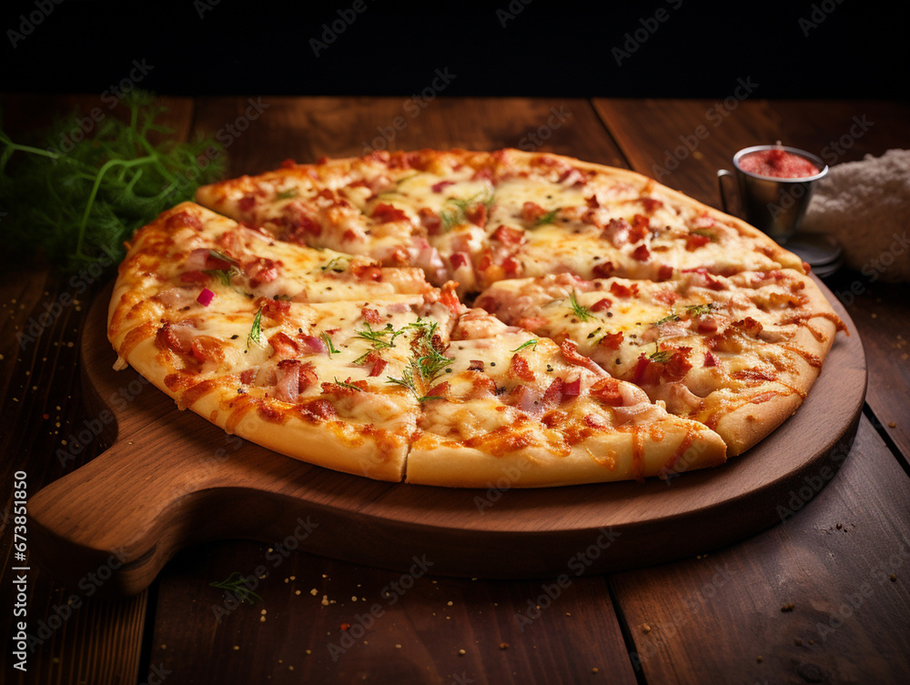 Delicious pizza placed on a wooden table - ai generative