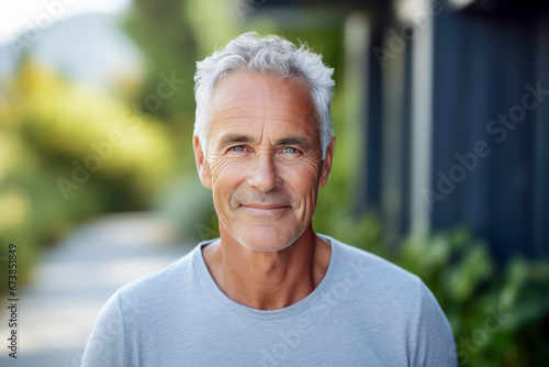 Fototapeta Smiling mature man with white hair standing outside.