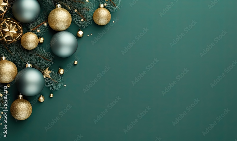 A Festive Celebration: Green Background with Gold and Silver Ornaments A Festive Celebration: Green Background with Gold and Silver Ornaments