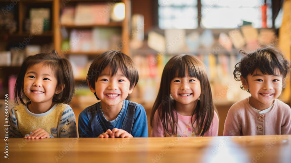 日本の幼稚園児4人が私服で横に並んで笑っている写真、背景図書館