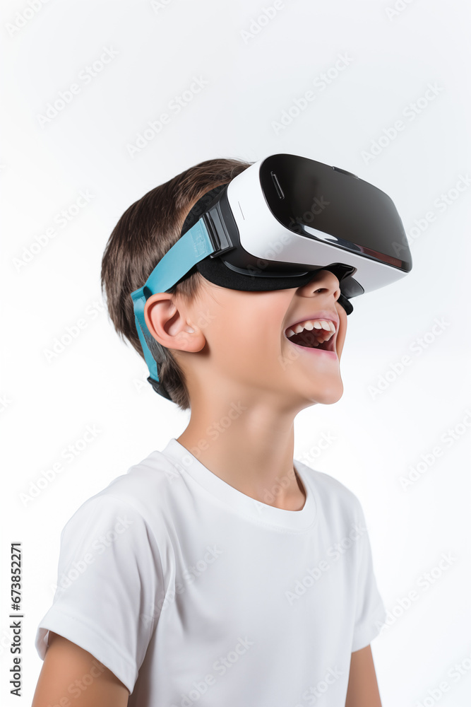 Young boy getting experience using VR headset glasses isolated on a white background Young boy getting experience using VR headset glasses isolated on a white background