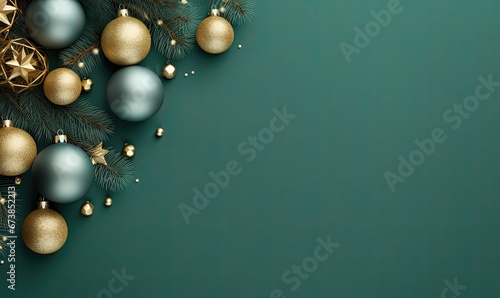 A Festive Celebration: Green Background with Gold and Silver Ornaments