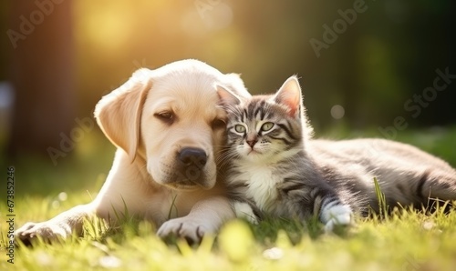 A Serene Moment in Nature: Cat and Dog Resting in Verdant Meadow
