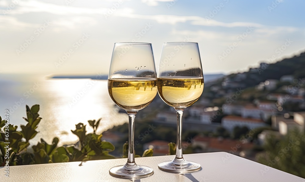 Two Elegant Glasses of White Wine on a Beautifully Set Table