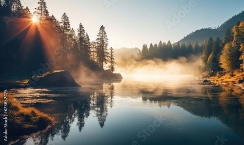 A Serene Lake Shrouded in Mist and Embraced by Lush Forest