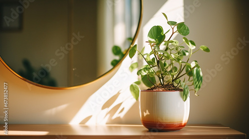 窓からの光が差し込む丸い鏡の前に、白い鉢の観葉植物が置かれている photo