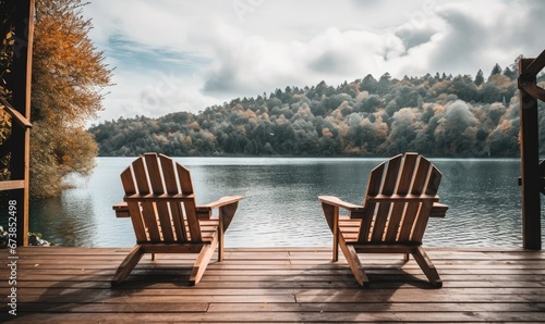 Two Serene Wooden Chairs on a Rustic Wooden Dock Overlooking the Water