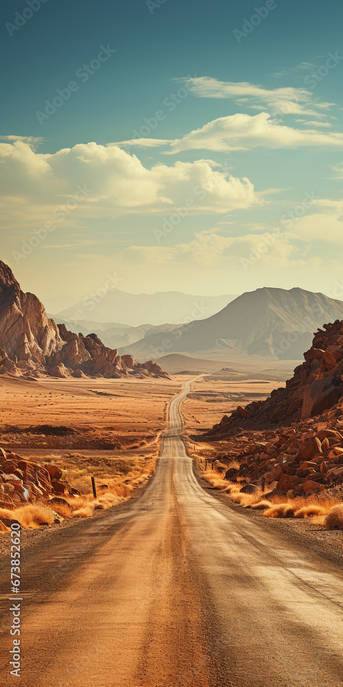 Road through desert with mountains in background under blue sky
