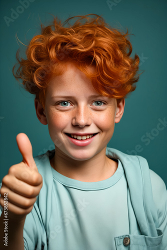 Young boy with red hair giving thumbs up.