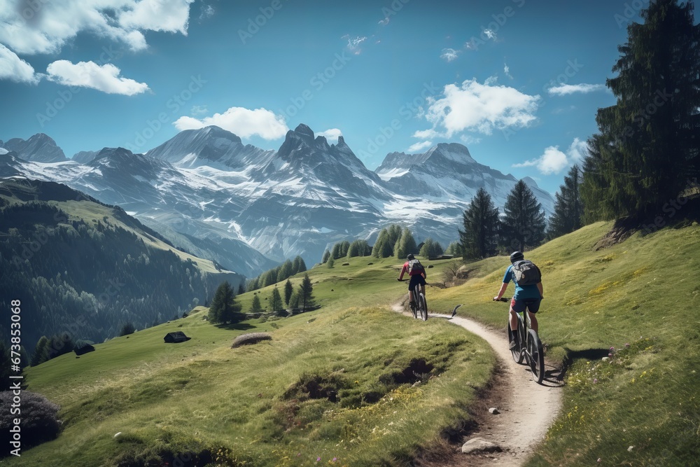 Friends on bicycles enjoying a riding in the mountains landscape
