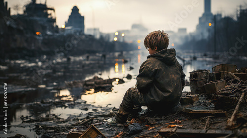 Junge in einem zerstörten Kriegsgebiet (Generative KI)
