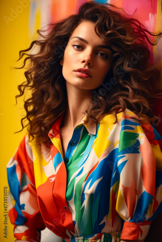 Woman with curly hair wearing colorful shirt and pink hat.