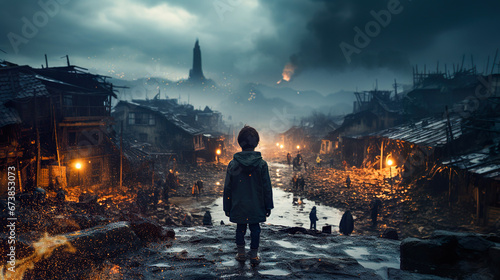 Kind steht vor einer zerstörten Kriegsstadt (Generative KI) photo